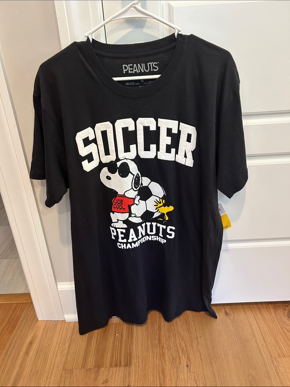 Peanuts Black Soccer Championship Graphic Tee with Snoopy & Woodstock